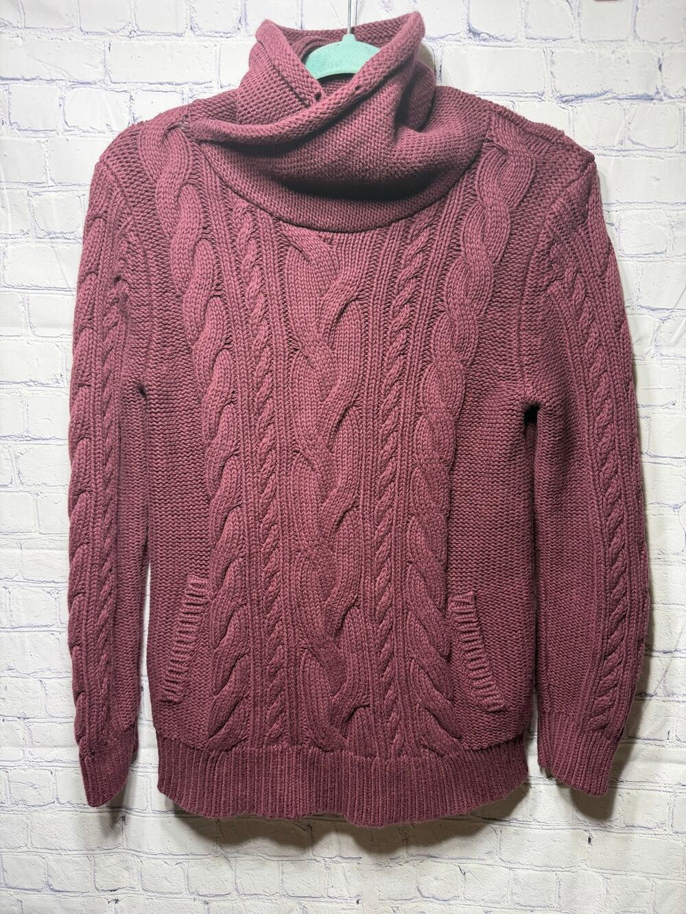 L.L.Bean Womens Double L Mixed Cable Funnel Neck Sweater Deep Burgundy M